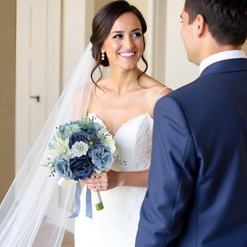 Silky Flower Store Dusty Blue Artificial Rose Wedding Bouquet Set, Bridal Bridesmaid Bouquets, Wedding Decoration, 32.5cm 3 3 Product: Bride Bouquets and Bridesmaid Bouquets Set of 2 for Wedding Dusty Blue Artificial Roses Flowers Bouquets for Bride Bridesmaids Marriage Proposal Party Anniversary Church Decoration