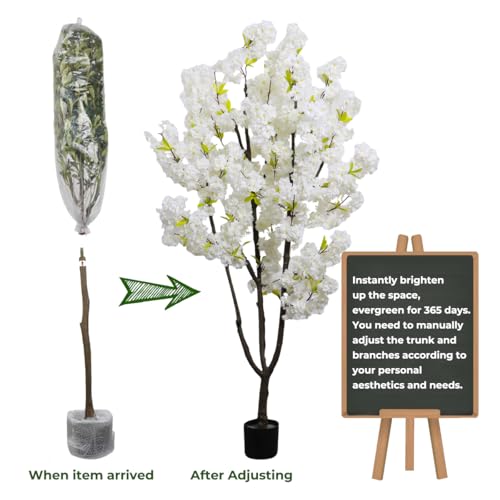 Product: White Faux Cherry Blossom Tree Artificial Tree Decor 5.9 FT Tall Cherry Blossom Tree Indoor for Home Decor Gift for Women Birthday Wedding Decoration