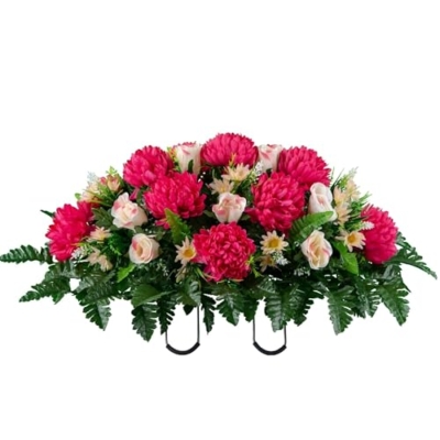 Product: Jucgghk Vivid and Realistic Floral Art Beauty Pink Mums and Light Pink Rose Buds Cemetery Flower Set,1 Saddle and 2 Bouquets Mothers Day Cemetery Flowers for Grave，Headstone Saddle(NO VASE)