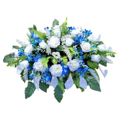 Product: Cream Calla Lilies Headstone Saddle, Roses Royal Blue Filler Grave Flowers for Perfect Cemetery Decoration Garland for Table Centerpiece Holiday Party Weddi