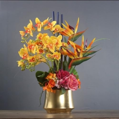 Silky Flower Store Artificial Orchid Flower Arrangement, Real Touch Latex Geel Flowers, Gold Ceramic Vase, 55cm 11 11 Product: Artificial Orchid Flower Arrangement with Vase – Real Touch Latex Geel Flowers in Gold Ceramic Pot, 55cm