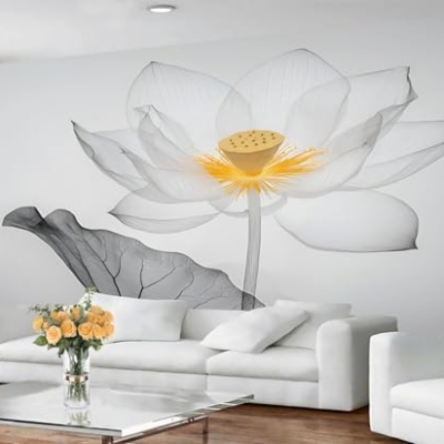 Product: Ink Lotus Mural Retro Zen Lotus Mural Transparent Floral Art Wall Murals Simple Flower Botanical Wallpaper for Bedroom Not Peel and Stick Murals for Living Room 78.7" x 55.2"