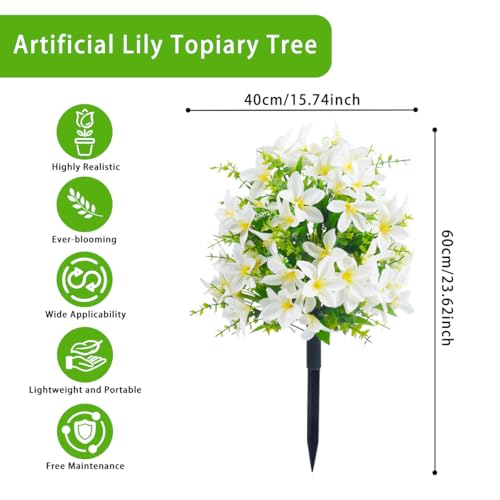 Silky Flower Store Artificial Lily Topiary Ball Tree, White Floral Decor, Set of 2, 23 in 1 1 Product: MDJTT 23'' Set of 2 Artificial Lily Topiary Ball Tree with 87 Flowers, Lifelike Fake Bushes Tree with Ground Spikes for Outdoor, Faux Evergreen Shrubs for Home Porch Garden Patio Decor (2, White)
