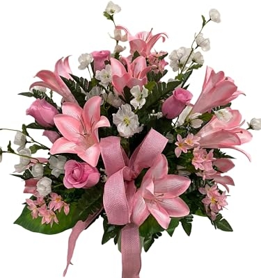 Product: Jucgghk Vivid and Realistic Floral Art Handmade Pink Flowers Vase, Spring Cemetery Arrangement, Easter Vase Arrangement for Cemetery Headstones Gravesites