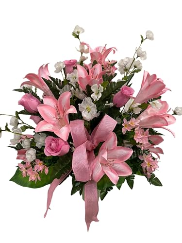 Product: Jucgghk Vivid and Realistic Floral Art Handmade Pink Flowers Vase, Spring Cemetery Arrangement, Easter Vase Arrangement for Cemetery Headstones Gravesites