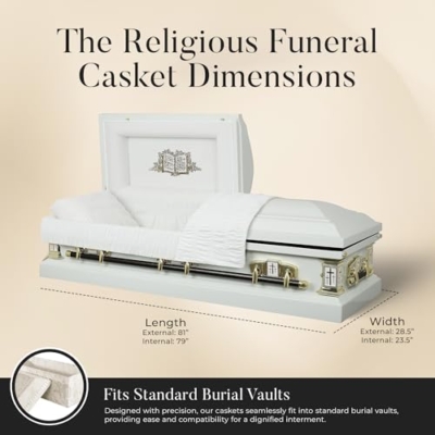 Silky Flower Store White Cross Lords Prayer Metal Funeral Casket, 18 Gauge Steel, White Velvet Interior, Adult Casket, 20.5cm 9 9 Product: Overnight Caskets White Cross Lords Prayer Metal Funeral Casket w/White Velvet Interior - 18 Gauge Steel - Fully Appointed Adult Casket - Coffin Featuring Velvet Interior Lining w/Pillow & Throw Set
