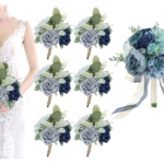 Product: Bride Bouquets and Bridesmaid Bouquets Set of 6 for Wedding Dusty Blue Artificial Roses Flowers Bouquets for Bride Bridesmaids Marriage Proposal Party Anniversary Church Decoration