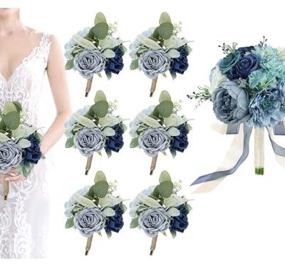 Product: Bride Bouquets and Bridesmaid Bouquets Set of 6 for Wedding Dusty Blue Artificial Roses Flowers Bouquets for Bride Bridesmaids Marriage Proposal Party Anniversary Church Decoration