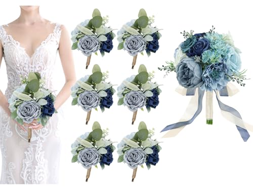 Product: Bride Bouquets and Bridesmaid Bouquets Set of 6 for Wedding Dusty Blue Artificial Roses Flowers Bouquets for Bride Bridesmaids Marriage Proposal Party Anniversary Church Decoration