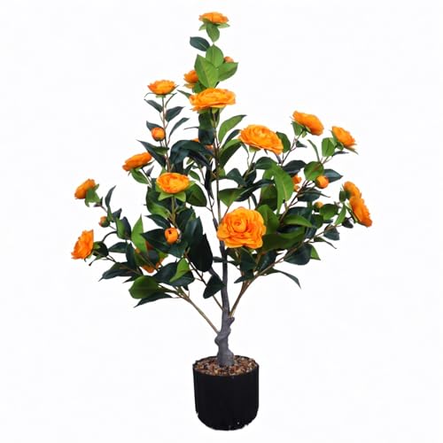 Product: Enhance Your Space with Lifelike Artificial Camellia Tree Set (2-Pack) – Vibrant Orange Blooms, Greenery in Pot for Indoor/Outdoor Decor, Modern Office & Home Accents