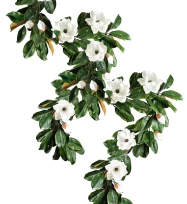 Product: Serene Spaces Living Artificial Magnolia Leaf Garland and Wreath, Ideal to Hang at Wedding, Store Display, Window Sill, Fall Decor, Holiday Décor (72" Magnolia Garland with White Blooms - 2pcs)