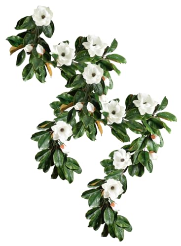 Product: Serene Spaces Living Artificial Magnolia Leaf Garland and Wreath, Ideal to Hang at Wedding, Store Display, Window Sill, Fall Decor, Holiday Décor (72" Magnolia Garland with White Blooms - 2pcs)