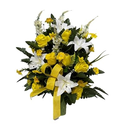 Silky Flower Store Cemetery Graveside Floral Saddle Arrangement, Yellow White Artificial Memorial Flowers, 18 x 18 x 22 in 5 5 Product: Jucgghk Vivid and Realistic Floral Art Cemetery Flowers Arrangement,Yellow White Graveside Flowers for Cemetery Headstones Decoration