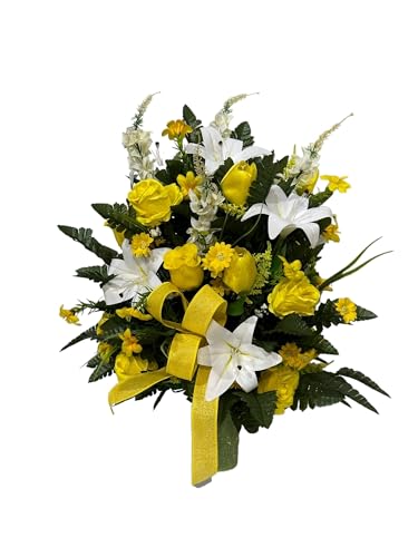 Silky Flower Store Cemetery Graveside Floral Saddle Arrangement, Yellow White Artificial Memorial Flowers, 18 x 18 x 22 in 1 1 Product: Jucgghk Vivid and Realistic Floral Art Cemetery Flowers Arrangement,Yellow White Graveside Flowers for Cemetery Headstones Decoration