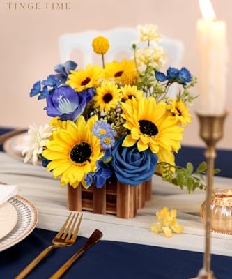 Product: TINGE TIME Wedding Centerpiece Flower with Basket, Set of 2 Large Artificial Flowers Floral Arrangement for Tabletop Mantel Archway Aisle (Sunflower & RoyalBlue)