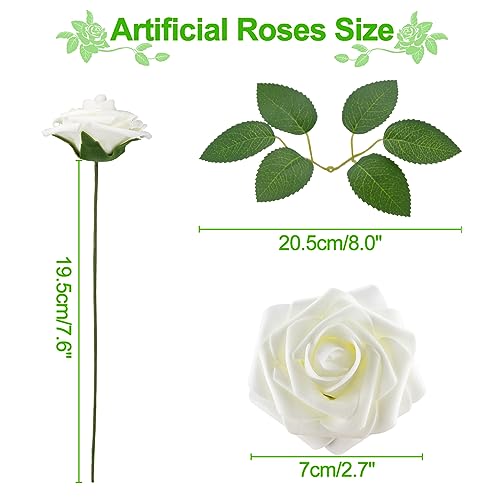 Product: SPORTYOUTH 100 Pcs Artificial Roses Ivory White and 30 Pcs Red Glitter Poinsettia Artificial Christmas Flowers with Clip Stems