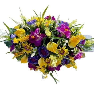 Product: Jucgghk Vivid and Realistic Floral Art 36" Yellow and Purple Cemetery Saddle, Headstone Saddle Arrangement for Outdoor Gravestone Decorations