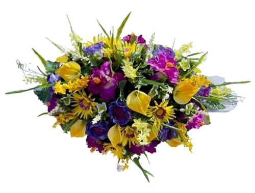 Product: Jucgghk Vivid and Realistic Floral Art 36" Yellow and Purple Cemetery Saddle, Headstone Saddle Arrangement for Outdoor Gravestone Decorations