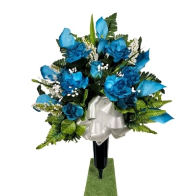 Product: Turquoise Calla Lilies Headstone Saddle and Cemetery Cone Set, Roses Silk Grave Flowers for Commemorating Decoration Garland for Table Centerpiece Holiday Party Weddi