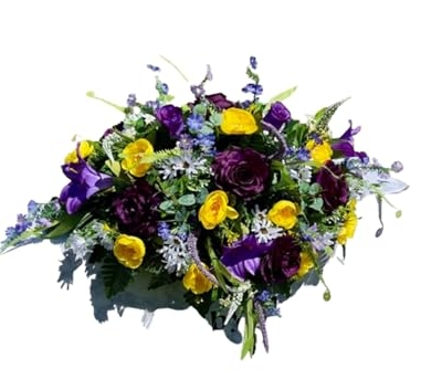 Product: Jucgghk Vivid and Realistic Floral Art 36" Beautiful Purple and Yellow Flowers Cemetery Saddle, Headstone Saddle for Outdoor Cemetery Decoration