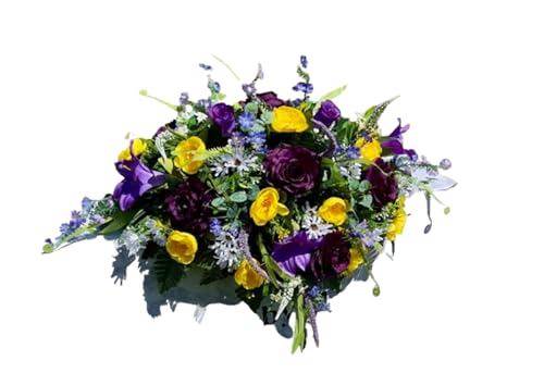 Product: Jucgghk Vivid and Realistic Floral Art 36" Beautiful Purple and Yellow Flowers Cemetery Saddle, Headstone Saddle for Outdoor Cemetery Decoration