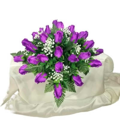 Product: Purple Headstone Saddle, Rosebud Grave Flowers for Funeral, Cemetery, or Memorial Decoration Garland for Table Centerpiece Holiday Party Weddi