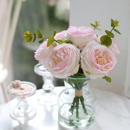 Product: Bucoke Rose Artificial Flowers in vase, Vivid Faux Rose Flowers Arrangements, Austin Rose Centerpieces for Tables, Flower Ornaments and Flower Arts for Living Room (Champagne)