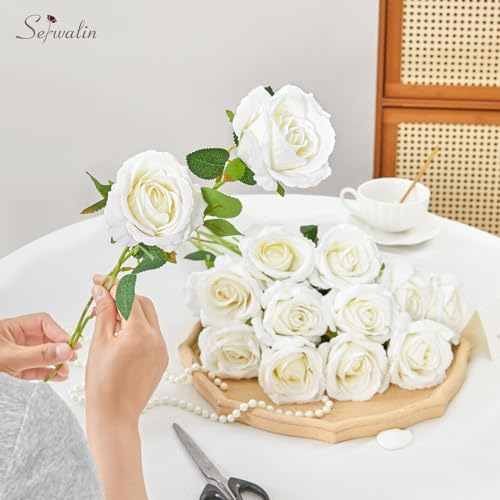 Silky Flower Store Artificial Eucalyptus Stems White Roses Bouquet, Faux Floral Arrangements, Wedding Home Decor, 15in 5 5 Product: Serwalin 100 Pcs Mixed Artificial Eucalyptus Stems & 60 PCS White Roses Artificial Flowers