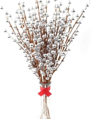 Product: Set of 72 Silver Holly Berry Stem Picks - 19" Decorative Wire Stem Branch Sprays for Christmas Tree Decoration, Holiday Décor, Silk Flower Arrangements