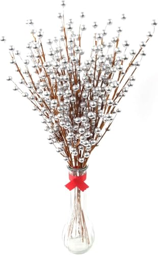 Product: Set of 72 Silver Holly Berry Stem Picks - 19" Decorative Wire Stem Branch Sprays for Christmas Tree Decoration, Holiday Décor, Silk Flower Arrangements