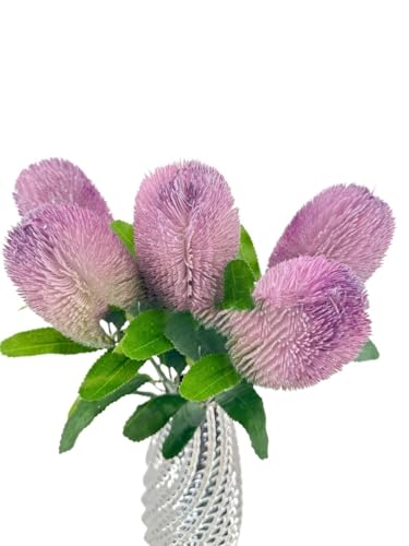 Product: 5 Stems Banksia Protea Stem,Purple Artificial Long Stem Flower for Table Centerpieces Wedding Party Home Decoration Indoor(NO VASE)