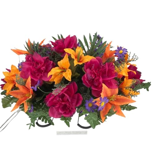 Jucgghk Vivid and Realistic Floral Art Orange Lily, Deep Purple Peonies with Purple Daisy Cemetery Saddle, Artificial Cemetery Flowers,Flower Arrangement for Headstone - Artificial Flower Arrangements Product: Jucgghk Vivid and Realistic Floral Art Orange Lily, Deep Purple Peonies with Purple Daisy Cemetery Saddle, Artificial Cemetery Flowers,Flower Arrangement for Headstone