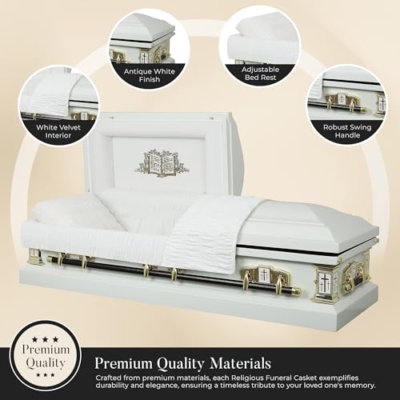 Silky Flower Store White Cross Lords Prayer Metal Funeral Casket, 18 Gauge Steel, White Velvet Interior, Adult Casket, 20.5cm 8 8 Product: Overnight Caskets White Cross Lords Prayer Metal Funeral Casket w/White Velvet Interior - 18 Gauge Steel - Fully Appointed Adult Casket - Coffin Featuring Velvet Interior Lining w/Pillow & Throw Set