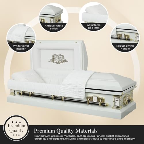 Silky Flower Store White Cross Lords Prayer Metal Funeral Casket, 18 Gauge Steel, White Velvet Interior, Adult Casket, 20.5cm 1 1 Product: Overnight Caskets White Cross Lords Prayer Metal Funeral Casket w/White Velvet Interior - 18 Gauge Steel - Fully Appointed Adult Casket - Coffin Featuring Velvet Interior Lining w/Pillow & Throw Set