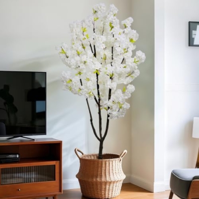 Product: White Faux Cherry Blossom Tree Artificial Tree Decor 5.9 FT Tall Cherry Blossom Tree Indoor for Home Decor Gift for Women Birthday Wedding Decoration