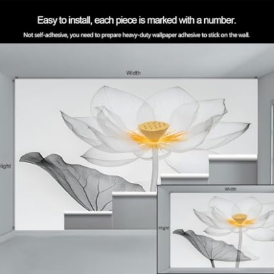 Product: Ink Lotus Mural Retro Zen Lotus Mural Transparent Floral Art Wall Murals Simple Flower Botanical Wallpaper for Bedroom Not Peel and Stick Murals for Living Room 78.7" x 55.2"