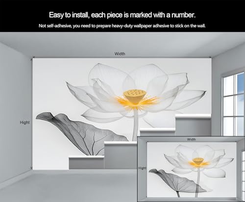 Product: Ink Lotus Mural Retro Zen Lotus Mural Transparent Floral Art Wall Murals Simple Flower Botanical Wallpaper for Bedroom Not Peel and Stick Murals for Living Room 78.7" x 55.2"