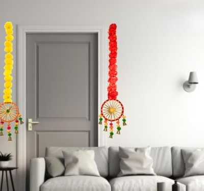 Silky Flower Store Artificial Marigold Flower Garlands, Pom Pom Bell Hanging Decor, Pack of 4, Indoor Festive Décor, 32.5cm 6 6 Product: MANTRAMART Artificial Marigold Flower Garlands with Pom Pom & Bell – Pack of 4 – Hanging Decoration for Home, Diwali, Festival, Wedding, Housewarming & Pooja Decor