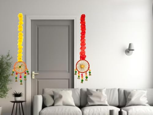 Silky Flower Store Artificial Marigold Flower Garlands, Pom Pom Bell Hanging Decor, Pack of 4, Indoor Festive Décor, 32.5cm 2 2 Product: MANTRAMART Artificial Marigold Flower Garlands with Pom Pom & Bell – Pack of 4 – Hanging Decoration for Home, Diwali, Festival, Wedding, Housewarming & Pooja Decor