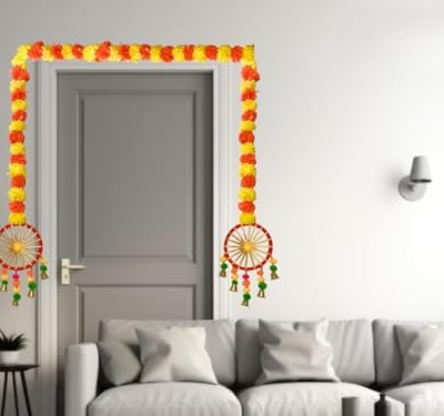 Silky Flower Store Artificial Marigold Flower Garlands with Pom Pom and Bell, Decorative Faux Floral Festive Décor, Pack of 4, 32.5cm 7 7 Product: MANTRAMART Artificial Marigold Flower Garlands with Pom Pom & Bell – Pack of 4 – Decorative Hanging for Home, Festival, Wedding, Pooja, Diwali & Event Decoration