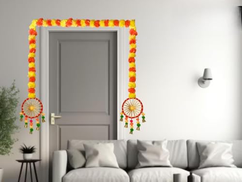 Silky Flower Store Artificial Marigold Flower Garlands with Pom Pom and Bell, Decorative Faux Floral Festive Décor, Pack of 4, 32.5cm 3 3 Product: MANTRAMART Artificial Marigold Flower Garlands with Pom Pom & Bell – Pack of 4 – Decorative Hanging for Home, Festival, Wedding, Pooja, Diwali & Event Decoration