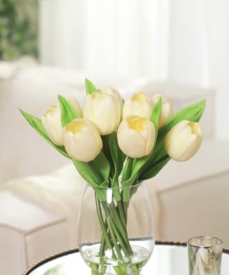 Product: WELL KNOWN 12 Pcs Tulips Artificial Flowers in Vase, Real Touch Tulips with Vase with Upgrate Acrylic Water Flower Arrangements Centerpiece for Dining Room Table Decoration（Cream）
