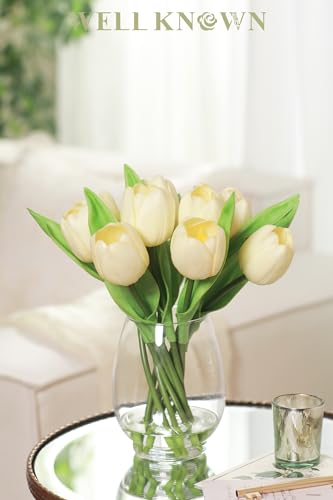 Product: WELL KNOWN 12 Pcs Tulips Artificial Flowers in Vase, Real Touch Tulips with Vase with Upgrate Acrylic Water Flower Arrangements Centerpiece for Dining Room Table Decoration（Cream）