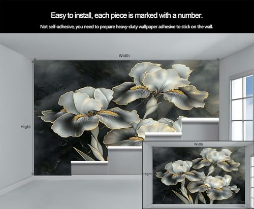 Product: Gray Iris Wall Mural Vintage Dark Floral Mural 3D Luxury Floral Wallpaper for Living Room Vintage Tropical Flower Murals Green Botanical Murals for Bedroom 169.3" x 118.2"