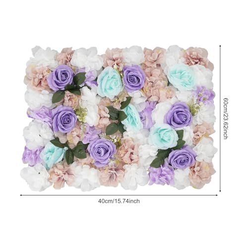 Product: JLYNOWPT 12 Pcs Artificial Flower Wall Panel, 15.7"x 23.6" Flower Wall Panel Backdrop with Grid Clip Connection Purple, Light Blue, White, Pink, Green 3D Silk Rose, Dahlia Floral Panel for Wedding