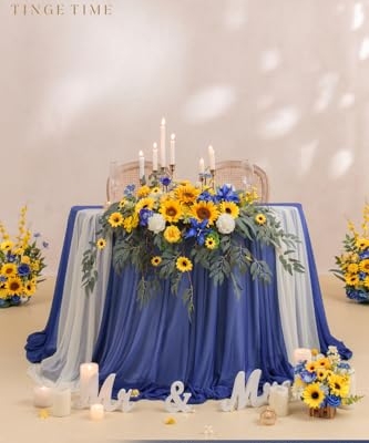 Product: TINGE TIME Artificial Sweetheart Flower Swag with Tablecloth and Table Runner, Pack of 3 Floral Arrangement for Wedding Sweetheart Table Centerpiece Decoration Valentine's Day (Sunflower&RoyalBlue)