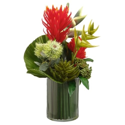Product: 24.5" Hx17 W Artificial Protea, Bromeliad & Grass Flower Arrangement w/Glass Vase -Red/Green
