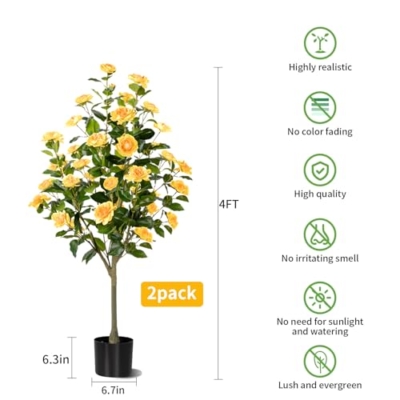 Product: Hylmiip Artificial Camellia Tree 2 Pack, Artificial Plants Outdoor Faux Floral Plant in Cement Pot Fake Silk Camellia Tree Plants for Home House Living Room Office Decor (Yellow, 4 FT)