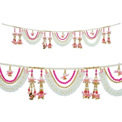 Product: Artificial Toran Door Hanging Set with Mogra Flowers with Moti Garlands Toran Bandanwar for Wedding Entrance for Indian Traditional Festival Home Decorations (Size:- 42" X 6'')(Pink & White)