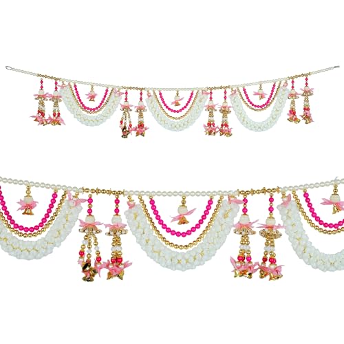 Product: Artificial Toran Door Hanging Set with Mogra Flowers with Moti Garlands Toran Bandanwar for Wedding Entrance for Indian Traditional Festival Home Decorations (Size:- 42" X 6'')(Pink & White)